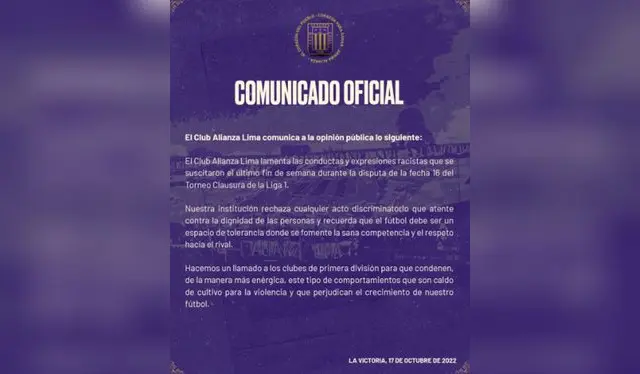 El comunicado de Alianza Lima.   