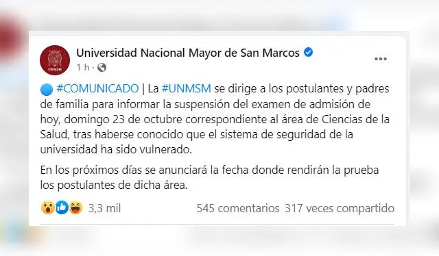 Universidad Nacional Mayor de Marcos supendieron su exámen de admisión / Facebook   