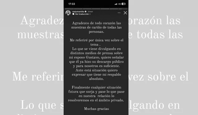  Maju Mantilla dejó un mensaje en su cuenta de Instagram apoyando a su esposo, Gustavo / Captura Instagram   