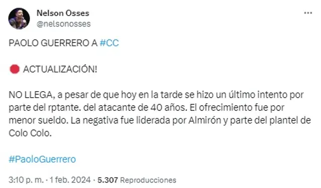 Paolo Guerrero no llegará a Colo Colo