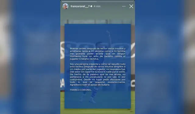 Comunicado de Franco Coronel tras supuesto acto de racismo a Cristiano Da Silva de Sporting Cristal