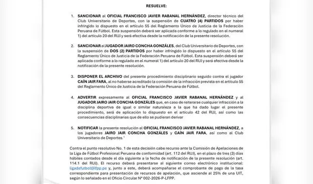 Javier Rabanal y Jairo Concha fueron suspendidos con 4 y 2 fechas respectivamente por la Comisión Disciplinaria