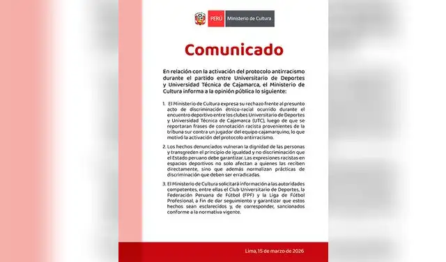 Universitario vs UTC, Ministerio de Cultura