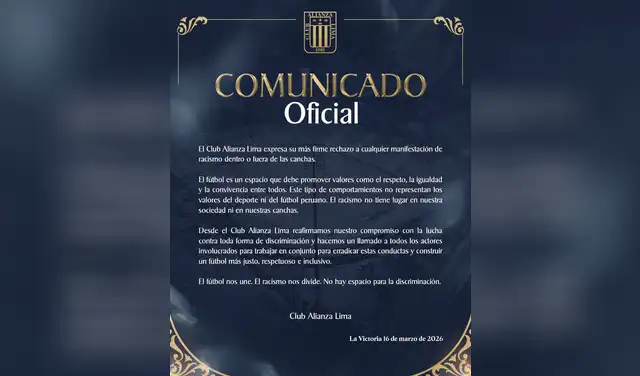 Comunicado de Alianza Lima sobre los presuntos actos racistas en el fútbol peruano