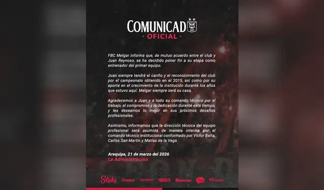 FBC Melgar comunicó que Juan Reynoso no es más director técnico del club arequipeño.
