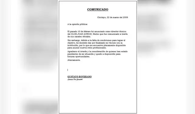Gustavo Roverano presentó comunicado en donde anunció su renuncia como técnico de Juan Aurich