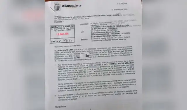 Alianza Lima notifica a SUNAT por carta notarial a Franco Velazco.   