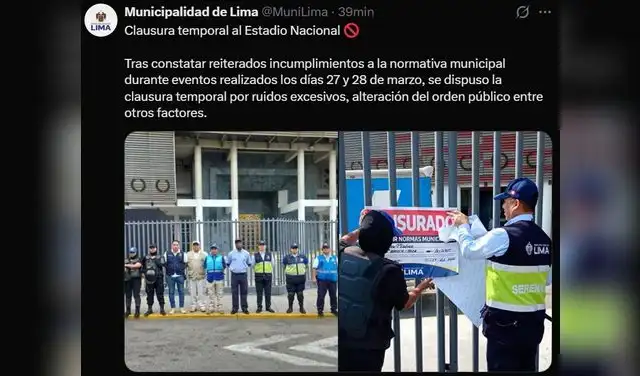 Municipalidad de Lima se pronunció tras clausura el Estadio Nacional.