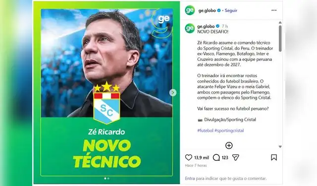 Ge.Globo, medio brasileño, dio rotundo comentario sobre el fichaje de Zé Ricardo a Sporting Cristal