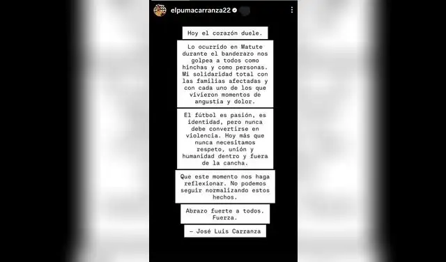 El mensaje del 'Puma' Carranza sobre la tragedia en Matute con los hinchas de Alianza Lima El mensaje del 'Puma' Carranza sobre la tragedia en Matute con los hinchas de Alianza Lima