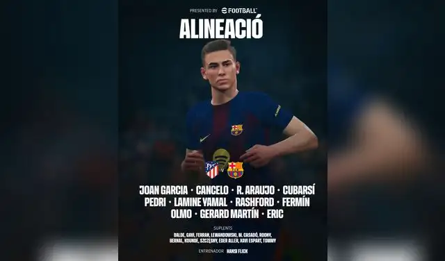 Alineación oficial de Barcelona ante Atlético. Foto: Barcelona/X