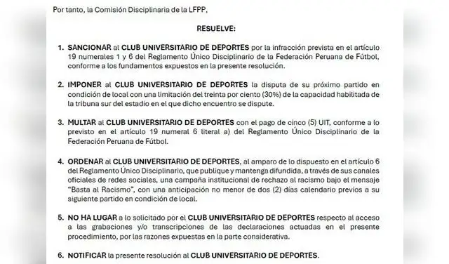 La Comisión Disciplinaria de la FPF sancionó a Universitario de Deportes por racismo en el duelo ante UTC.