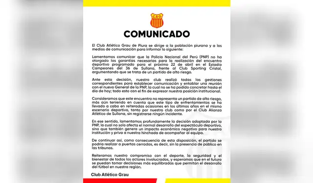 Atlético Grau comunicó que el duelo ante Sporting Cristal podría jugarse sin público