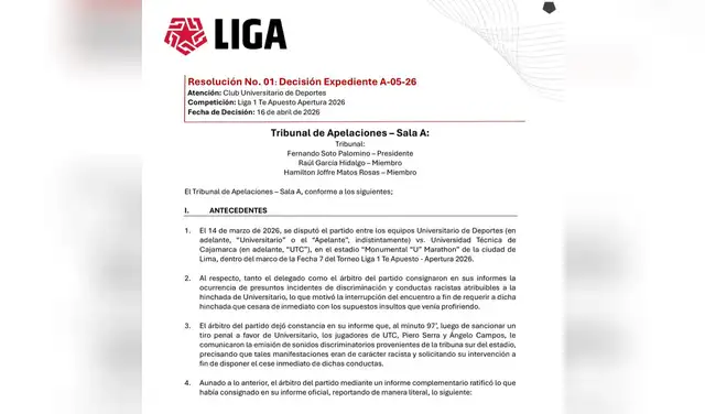 Tribunal de Apelaciones declaró infundado el recurso de Universitario por las sanciones interpuestas por actos de racismo ante UTC en la Liga 1 2026.