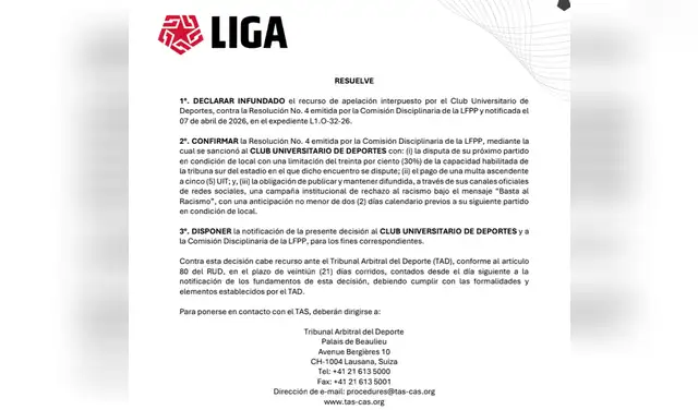 Tribunal de Apelaciones declaró infundado el recurso de Universitario por las sanciones interpuestas por actos de racismo ante UTC en la Liga 1 2026.