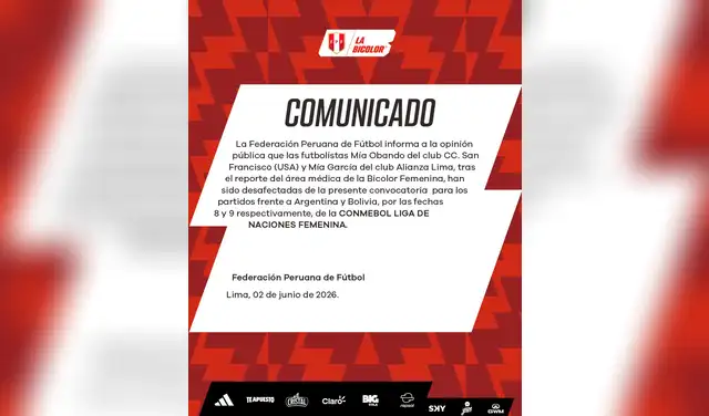 La selección peruana femenina informó la baja de Mía Obando, de San Francisco USA, y Mía García, de Alianza Lima