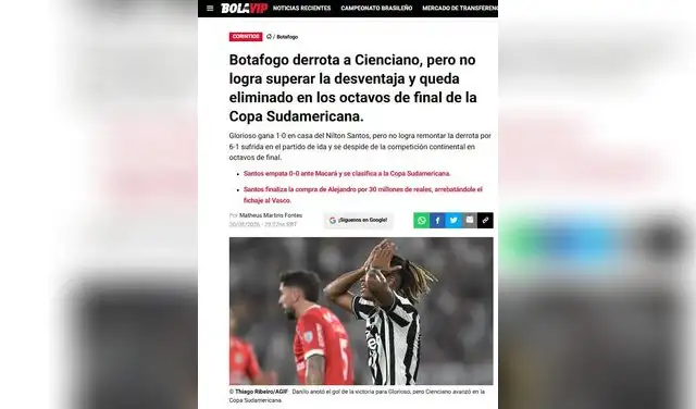 Medio brasileño lanzó fuerte comentario sobre la eliminación de Botafogo ante Cienciano