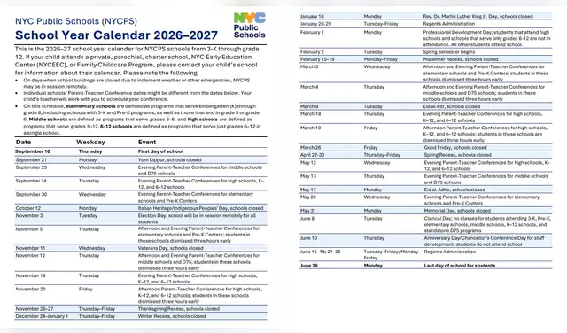 Calendario escolar NYC 
