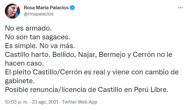 Rosa María Palacios da detalles de la pelea entre Castillo y Cerrón.   