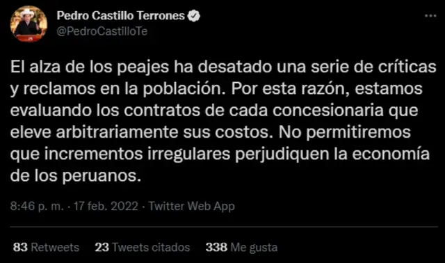 <strong>Twitter: Pedro Castillo</strong>   