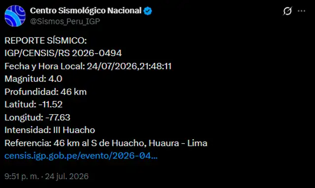 IGP informa sobre el último sismo registrado en Perú.  