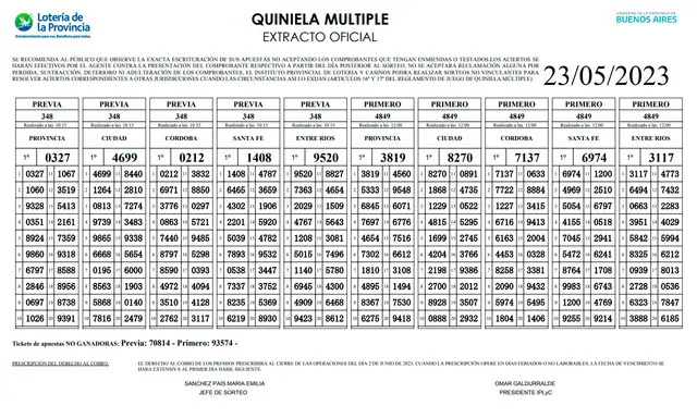 Extracto oficial de la Previa y Provincia de HOY, 23 de mayo Extracto oficial de la Previa y Provincia de HOY, 23 de mayo