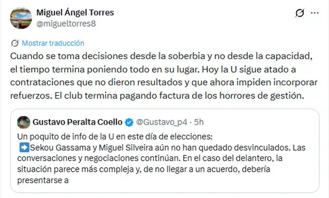 Miguel Ángel Torres criticó a la administración de Franco Velazco en Universitario Miguel Ángel Torres criticó a la administración de Franco Velazco en Universitario