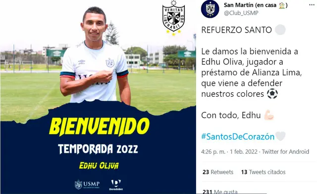 Edhu Oliva presentado en la USMP. Imagen: Twitter.    Edhu Oliva presentado en la USMP. Imagen: Twitter.