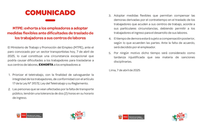 MTPE emite comunicado para los trabajadores del Perú/ FOTO: MTPE   