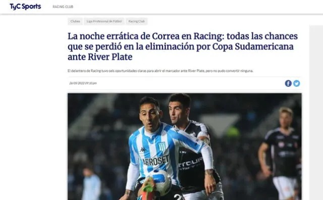 TyC Sports titulaba así la eliminación de Racing.   