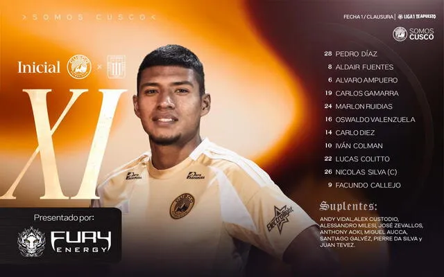 Alineación de Cusco FC vs. Alianza Lima.   