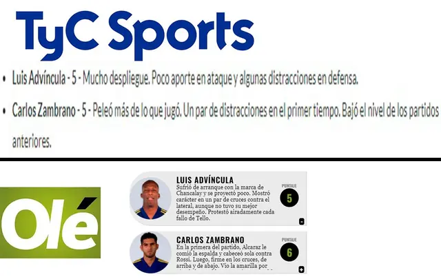 Calificaciones de Advíncula y Zambrano.