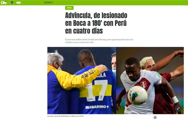 Diario Olé pone en duda la lesión de Luis Advíncula con Boca Juniors. Diario Olé pone en duda la lesión de Luis Advíncula con Boca Juniors.