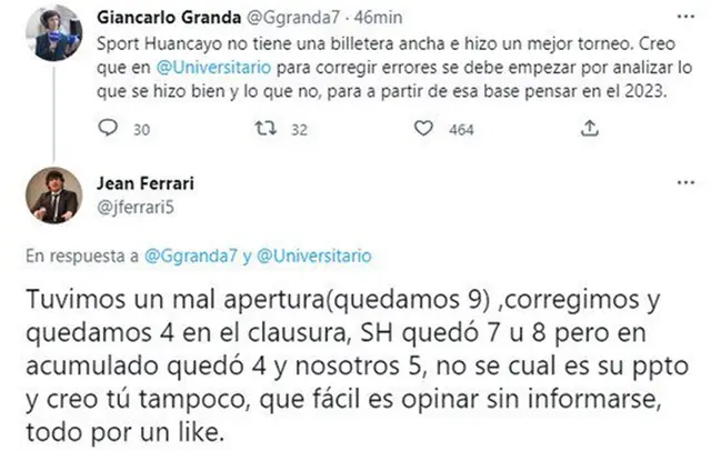  El debate entre Giancarlo Granda y Jean Ferrari en Twitter.   