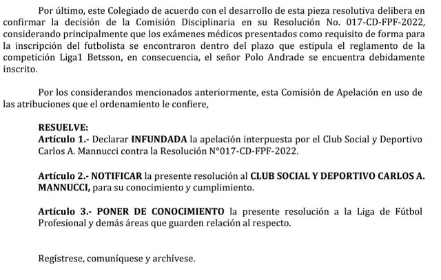 Resolución de la Comisión disciplinaria de la FPF   