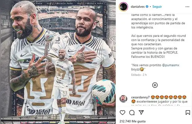  Dani Alves confirmó que seguirá en Pumas.   