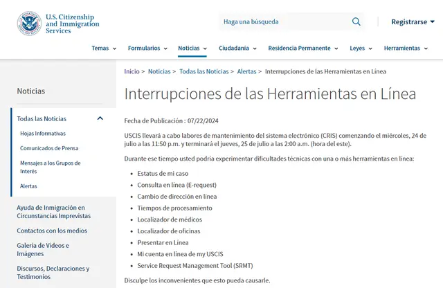USCIS en línea realiza mantenimientos en sus servicios en horarios de menor actividad para minimizar problemas en los trámites y procesos. Imagen: USCIS.   