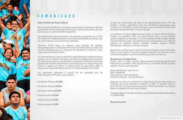 Comunicado de Sporting Cristal con relación a los hinchas del Pase Celeste.   