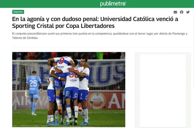 Publimetro sobre la polémica victoria de la U. Católica sobre Cristal.
