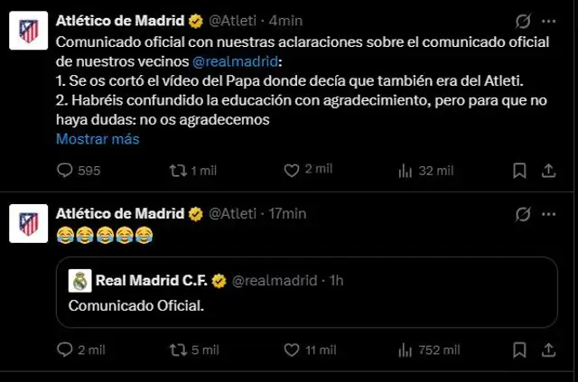 Comunicado sobre el Atlético de Madrid. Comunicado sobre el Atlético de Madrid.