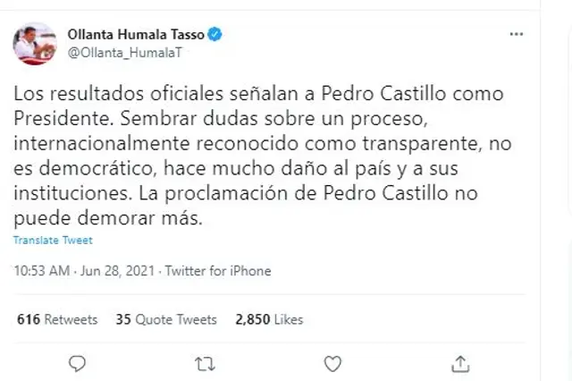 Ollanta Humala se pronuncia sobre elecciones 2021