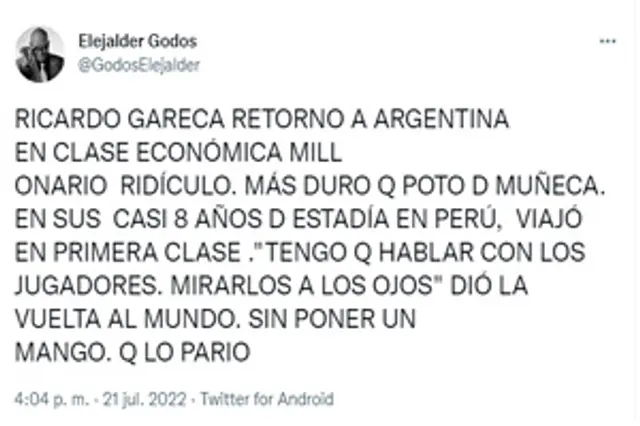 Elejalder Godos apunta a Ricardo Gareca Elejalder Godos apunta a Ricardo Gareca