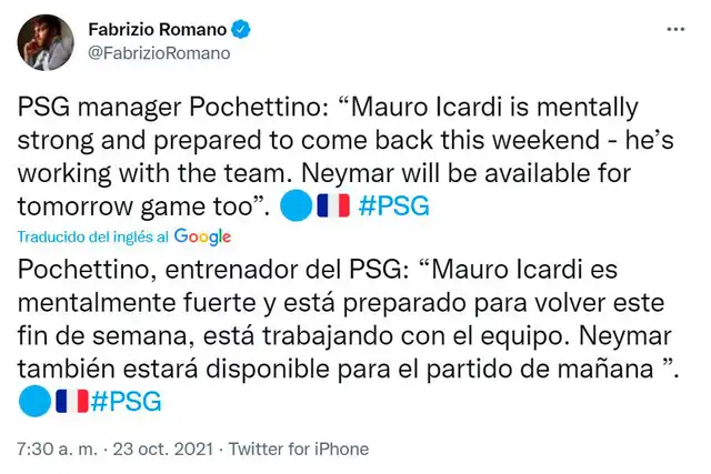 Declaraciones de Pochettino sobre Icardi y Neymar.   