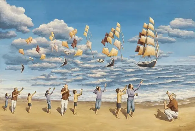 Ilusión óptica, barcos o cometas, imagen completa.