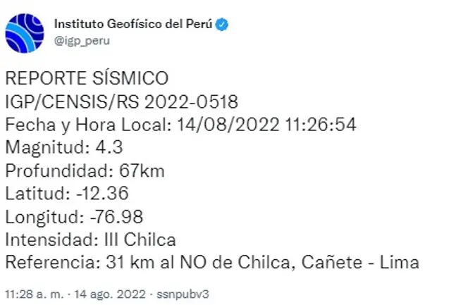  sismo de magnitud 4.3 en Cañete