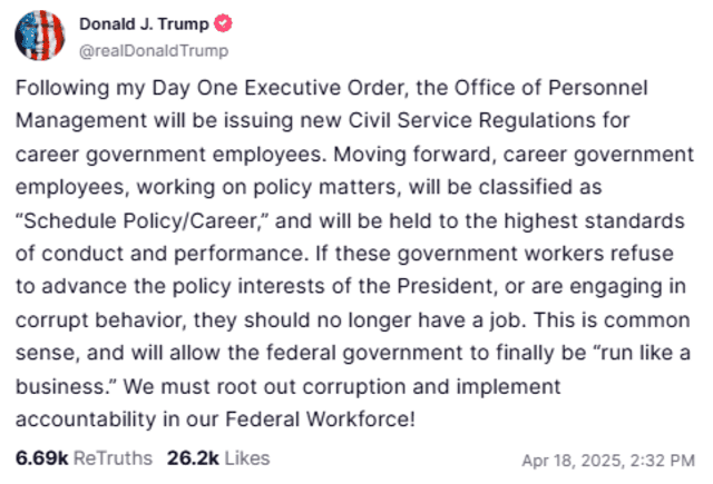 El último post de Donald Trump refiriéndose a los nuevos manejos que quiere implementar el presidente en el sector público. Foto: Truth Social/Donald Trump. El último post de Donald Trump refiriéndose a los nuevos manejos que quiere implementar el presidente en el sector público. Foto: Truth Social/Donald Trump.