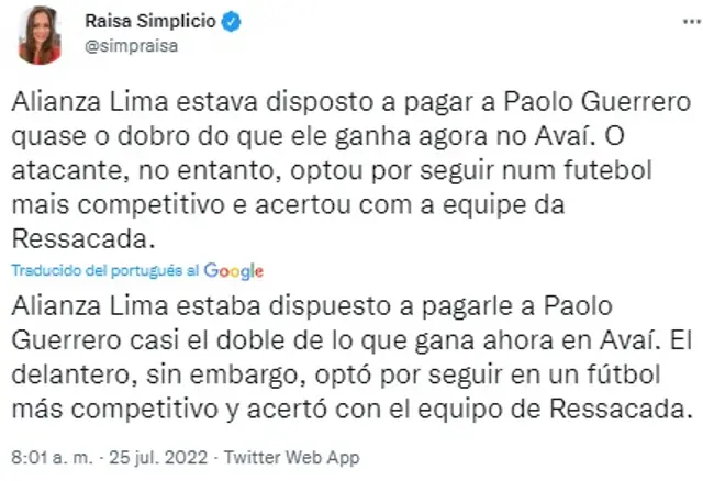 Paolo Guerrero prefirió a Avaí por encima de Alianza Lima.