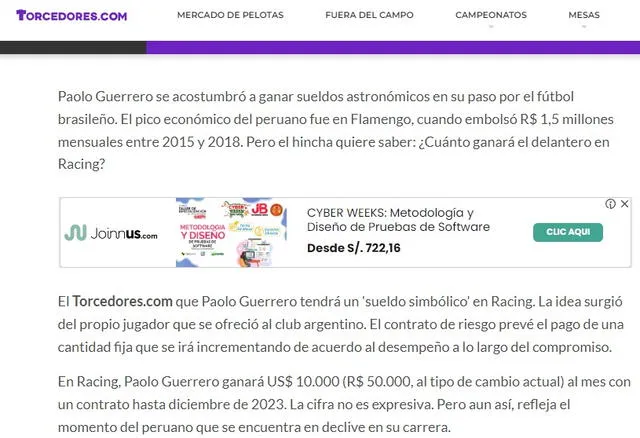 El sueldo de Paolo Guerrero en Racing Club.