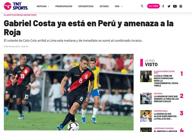 TNT Sports de Chile informa la llegada de Gabriel Costa a Perú.   