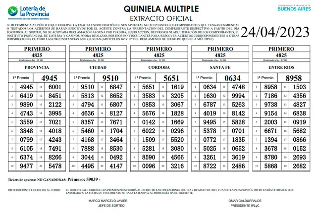 Extractos oficiales de la Quiniela La Primera